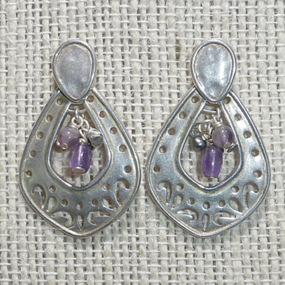 Silpada P2016 Sterling Silver Amethyst Pearl Filigree Earrings Textured .925